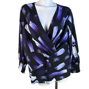 Alfani Black Wrap Blouse with Purple & White Brushstroke Print XL More Like 1X